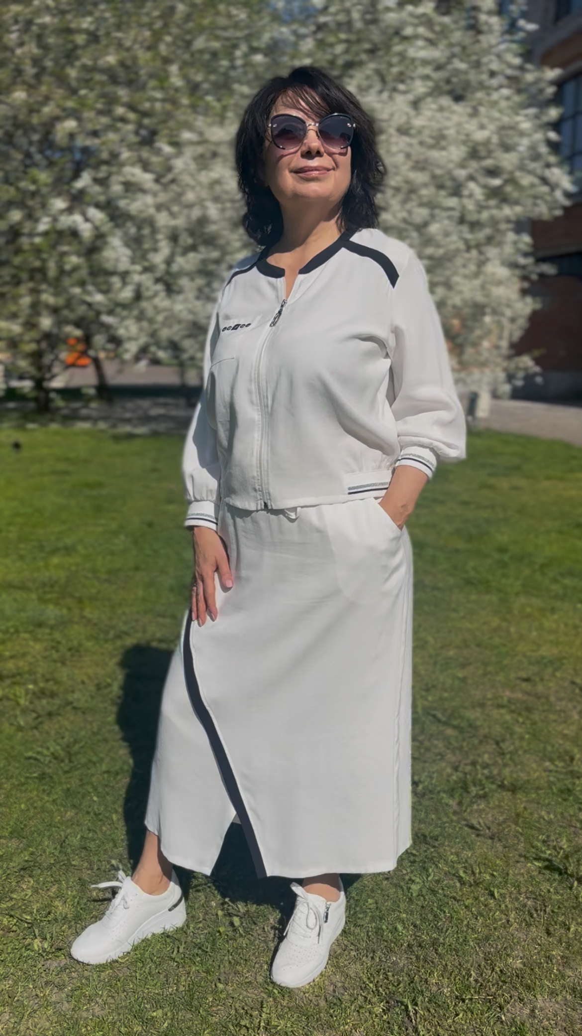 Two-piece suit: bomber jacket and skirt