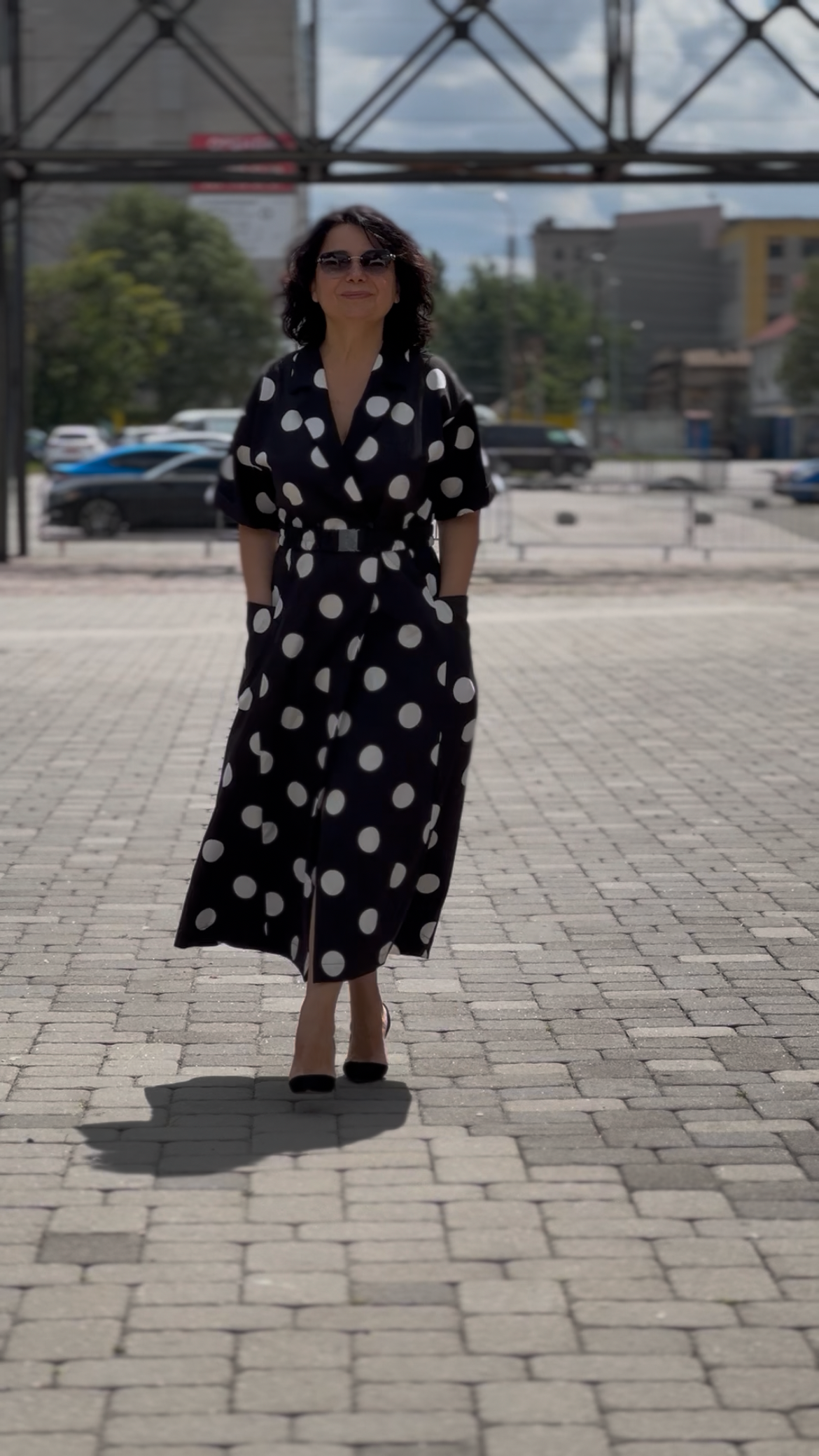 Wrap dress in stretch cotton, black with large white polka dots
