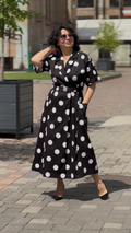 Wrap dress in stretch cotton, black with large white polka dots